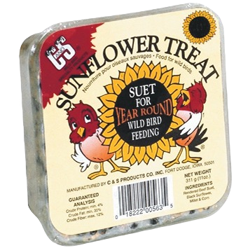 Square block of wild bird suet with sunflower treat label featuring cartoon birds and product details