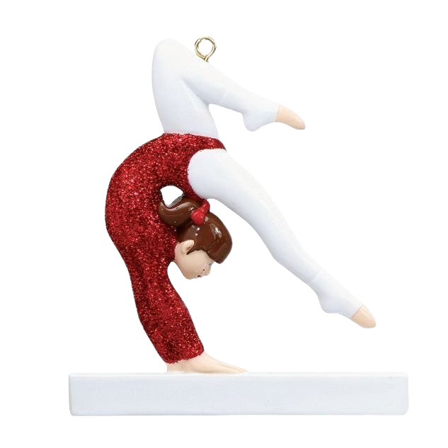 Brunette gymnast figurine in sparkling red leotard performing a backbend on beam from Christmas Ornaments collection