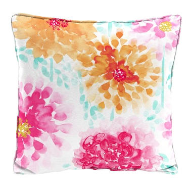 Square outdoor cushion with pastel pink and peach floral watercolor design, ideal for patio furniture and outdoor living spaces