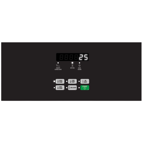 Digital control panel on black commercial gas dryer with coin drop feature from Dryers and Appliances collections