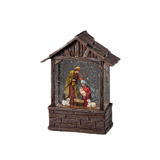 Rustic wooden stable decoration featuring Holy Family and sheep inside globe, indoor Christmas decor under 100 dollars