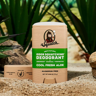 Natural deodorant stick with charcoal and aloe ingredients for odor protection and skin comfort in a tan container