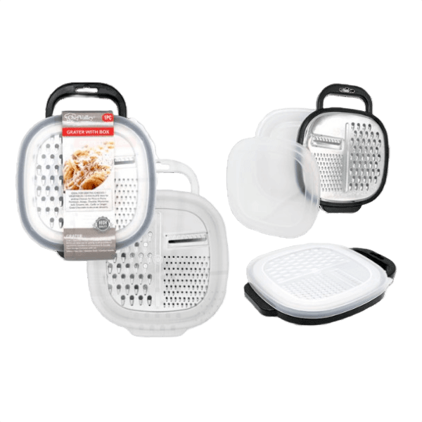 Set of three kitchen graters with multiple cutting surfaces, black handles, and matching clear storage lids for utensils