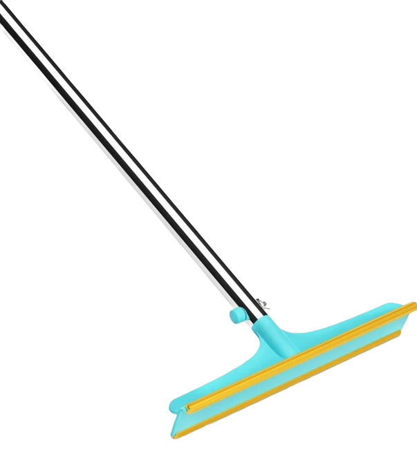 Blue and yellow floor squeegee with metal handle designed for efficient cleaning in home improvement tasks