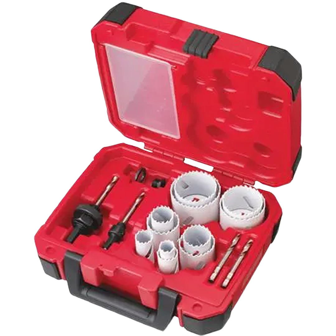Red plastic case with assorted hole saws, pilot bits, and accessories for woodworking tools and home improvement projects