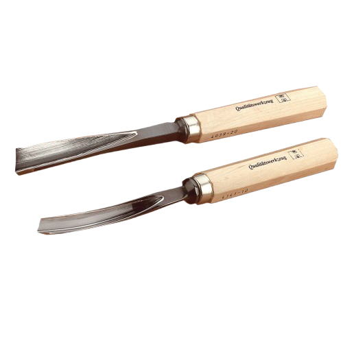 Two wooden-handled carving tools with metal straight and curved blades for woodworking and home improvement tasks