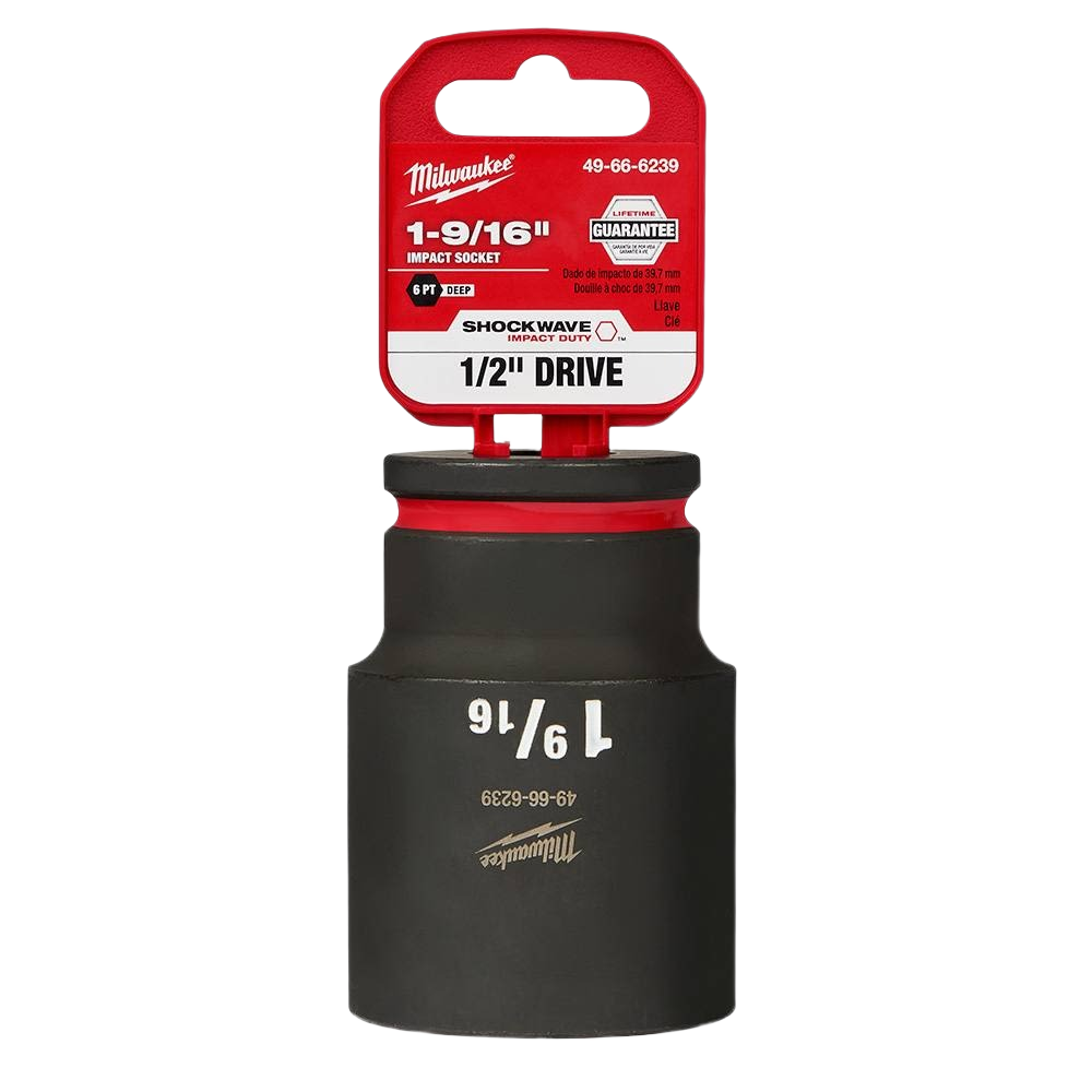 Deep 6 point impact socket with stamped size and red accent for Milwaukee hand tools and woodworking collections