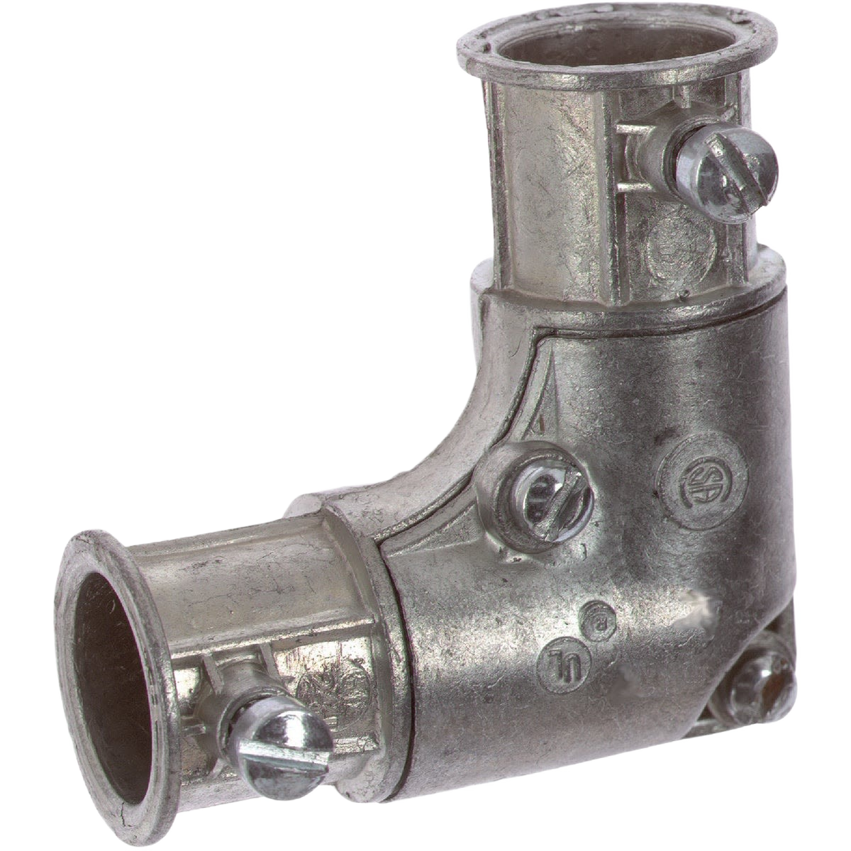 Galvanized metal 1/2-inch EMT thinwall elbow connector with screws for electrical conduit in home improvement tasks