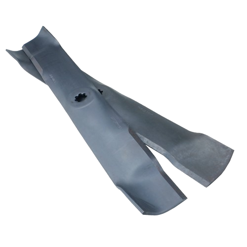 Two steel mulching mower blades with central mounting holes designed for lawn care and home improvement tools use