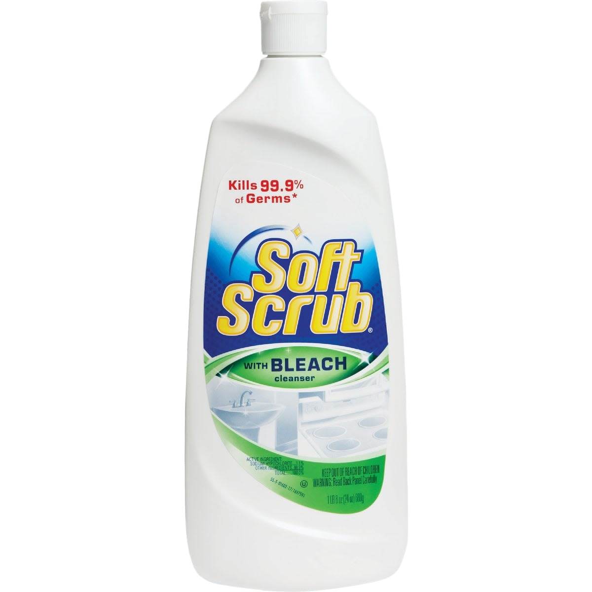 White plastic bottle of Soft Scrub with bleach cleanser, featuring a flip-top cap and blue and green label for home cleaning use