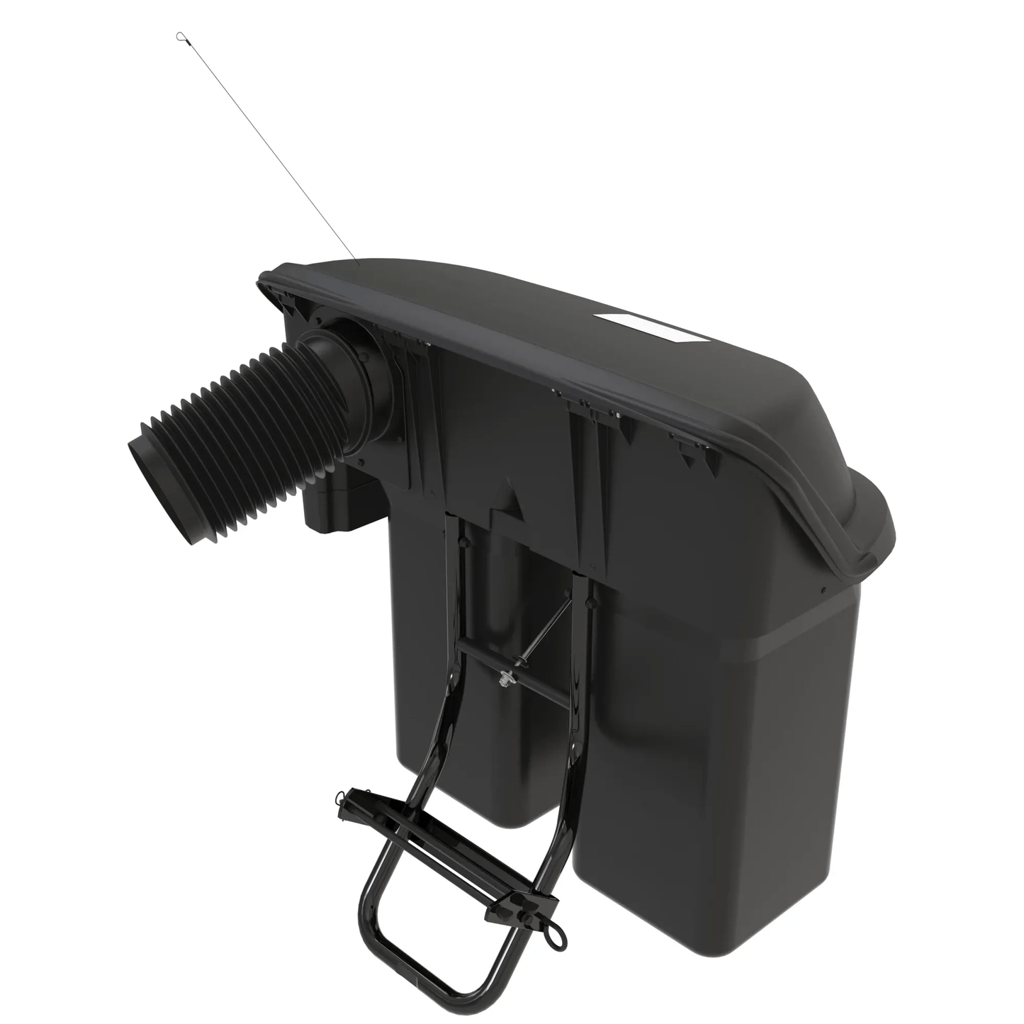 Black material collection system with dual bags and hose attachment for outdoor power tools and John Deere parts and accessories.