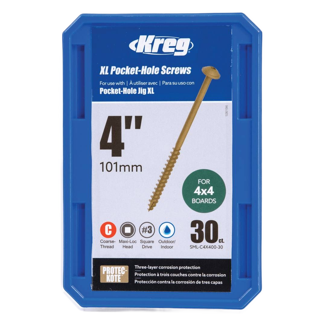 Blue case of hardened steel 4-inch XL pocket-hole screws for woodworking tools and home improvement projects under $50