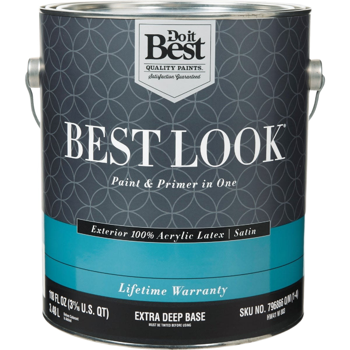 One-gallon can of exterior latex satin paint with primer in one, suitable for home improvement projects under $100