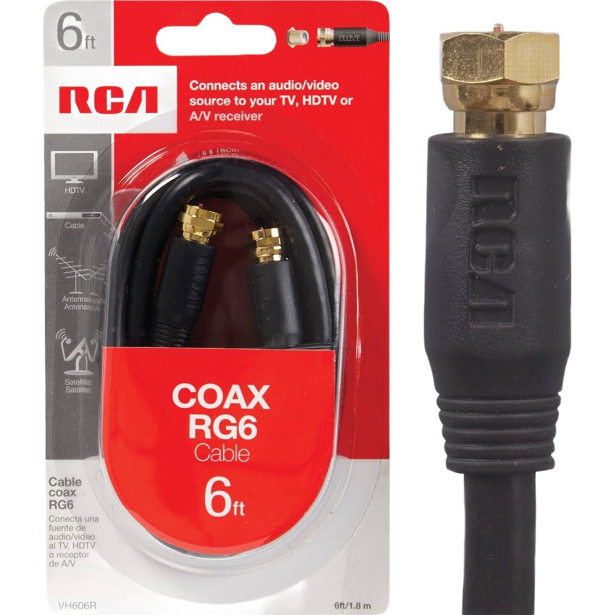Six-foot black coaxial cable with gold-plated connectors for digital TV and home improvement use