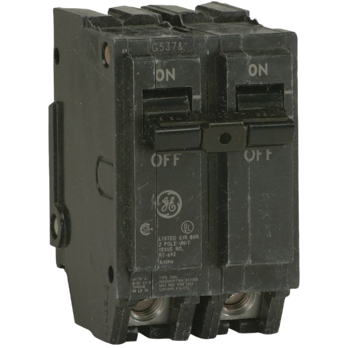 Black double-pole circuit breaker switch with on and off toggle levers for electrical home improvement use