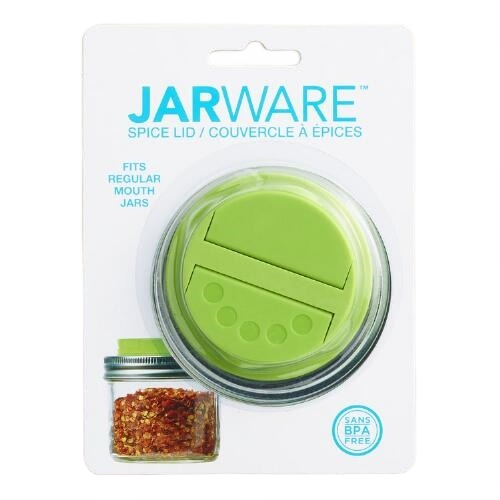 Green plastic spice lid with dual shaker and pour openings for regular mouth jars in home improvement use