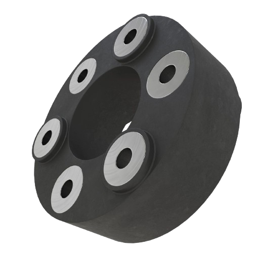 Black rubber spacer coupling with six metal inserts for vibration dampening in tools and home improvement applications