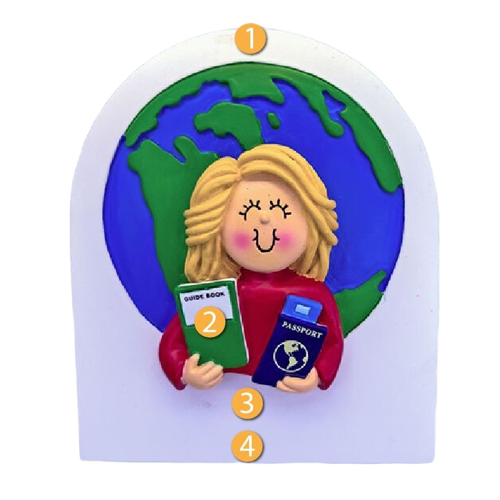 Blonde female traveler holding guide book and passport in front of world globe from Christmas Ornaments & Tree Decorations collection