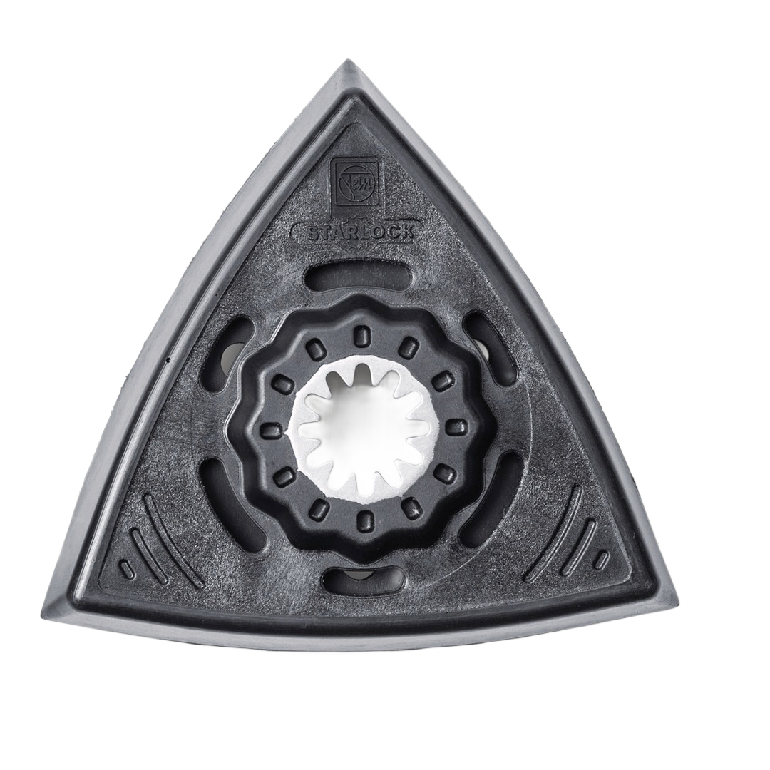 Black plastic triangular backing pad with perforated design for sanding tools in power tool accessories under $50 collection