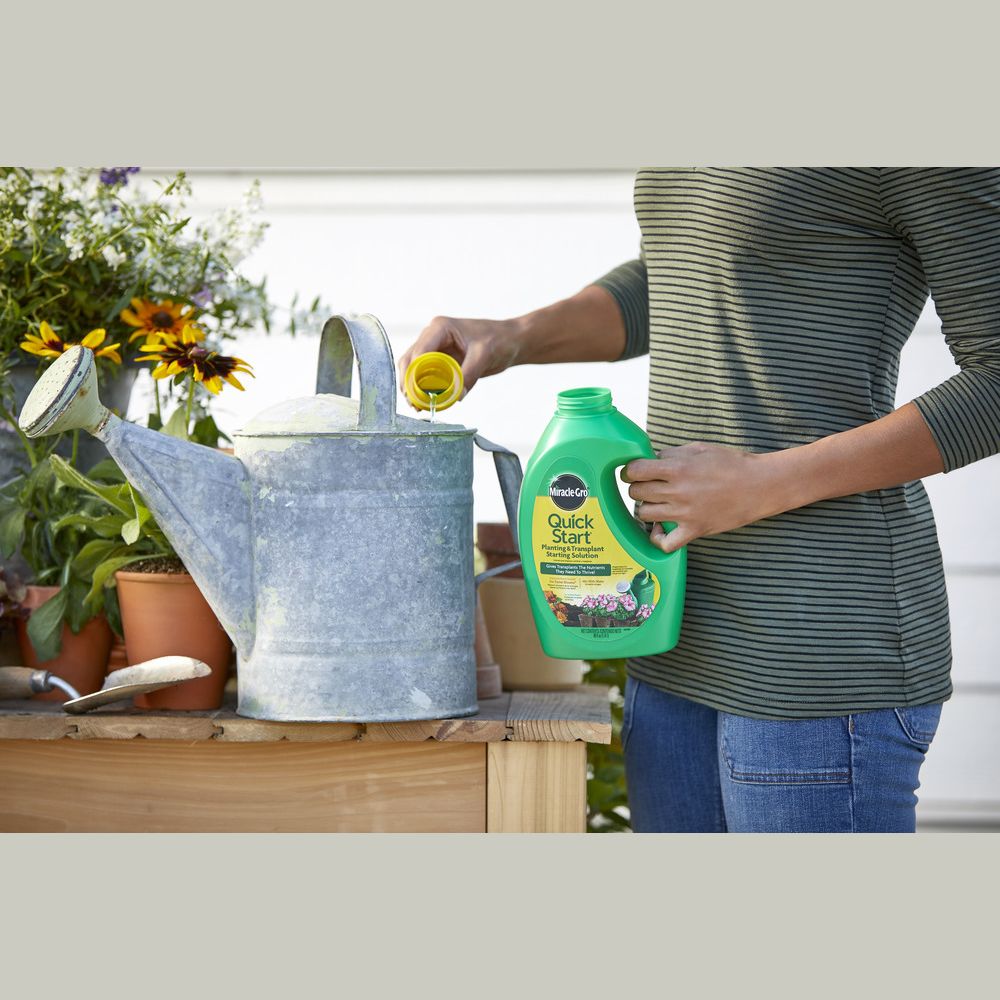 Person pouring green Miracle-Gro Quick Start solution into metal watering can for plant care in lawn and garden setting