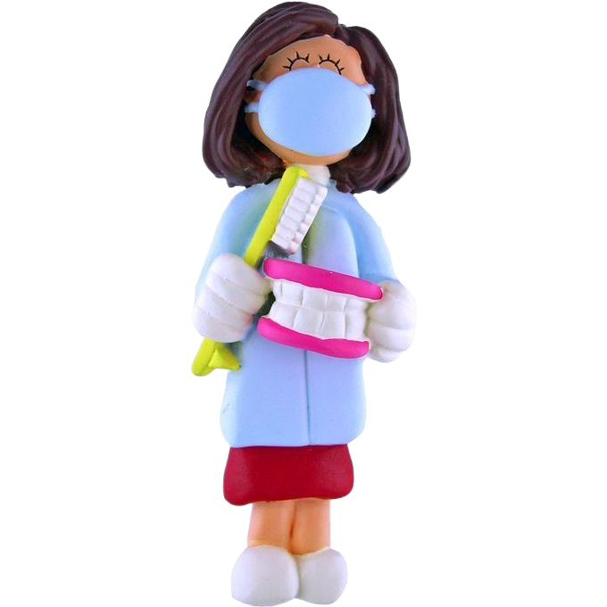 Personalized brunette female hygienist ornament holding oversized toothbrush and teeth for Christmas decorations under $50 collection