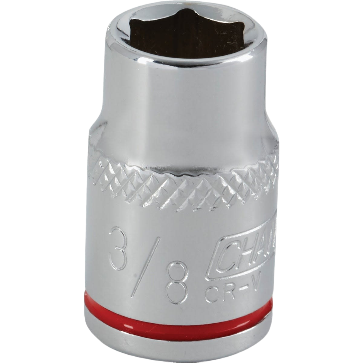 Shiny chrome 6-point shallow socket with knurled grip and red ring for home improvement tool use