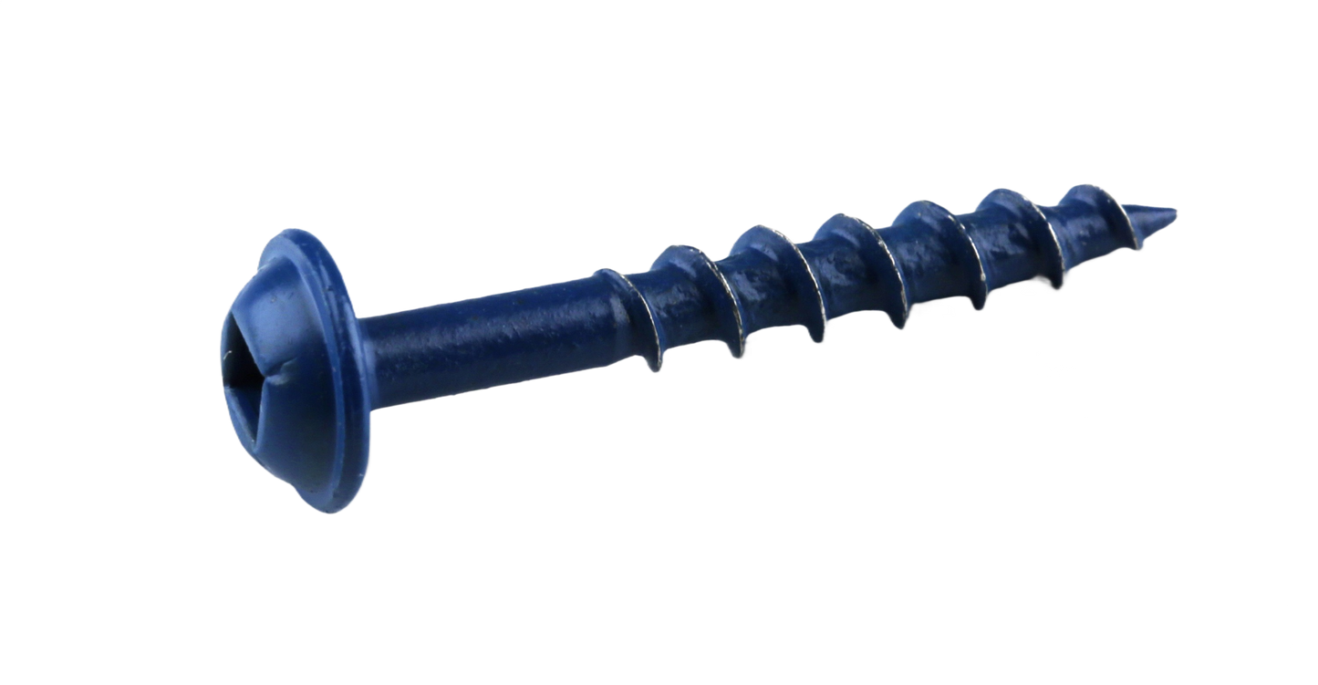 Blue-coated #8 screw with corrosion-resistant finish for woodworking tool accessories and home improvement projects