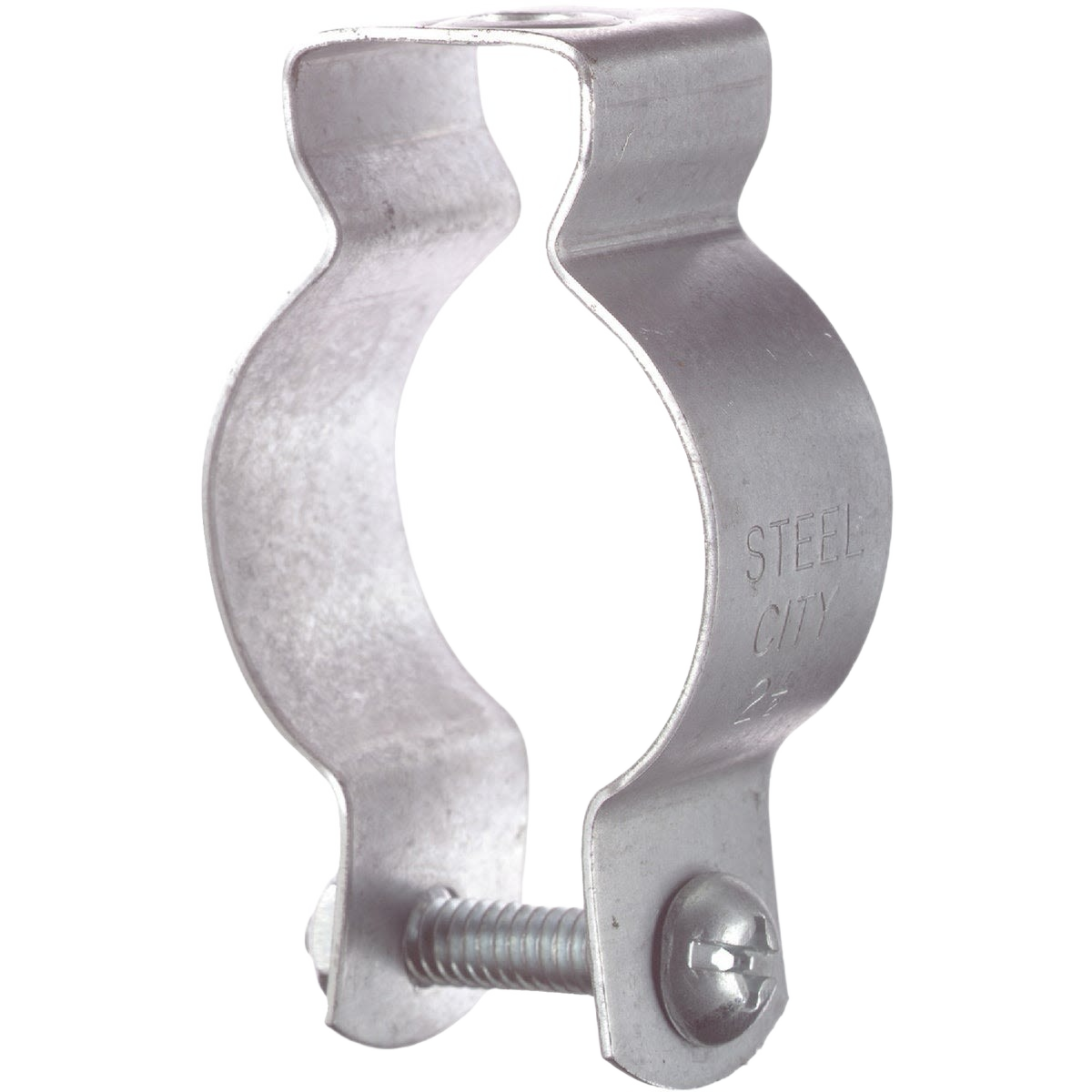 Galvanized steel conduit hanger clamp with screw fastener for securing electrical conduit in home improvement projects