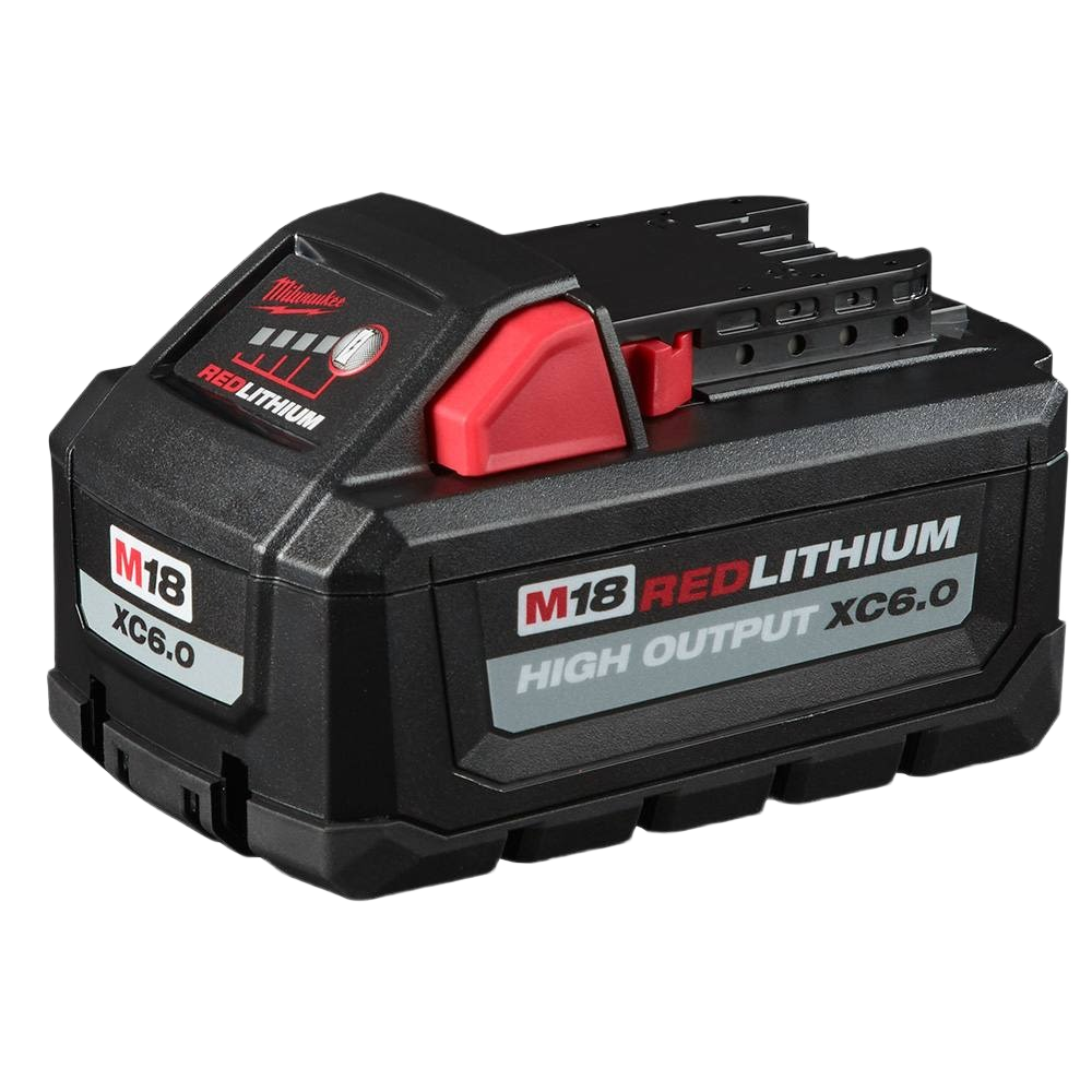 High-capacity black and red lithium-ion battery pack designed for power tools and home improvement tasks