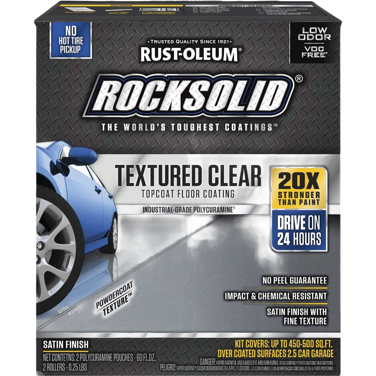 Boxed Rust-Oleum Rocksolid textured clear topcoat kit showing satin finish floor coating with industrial durability seals