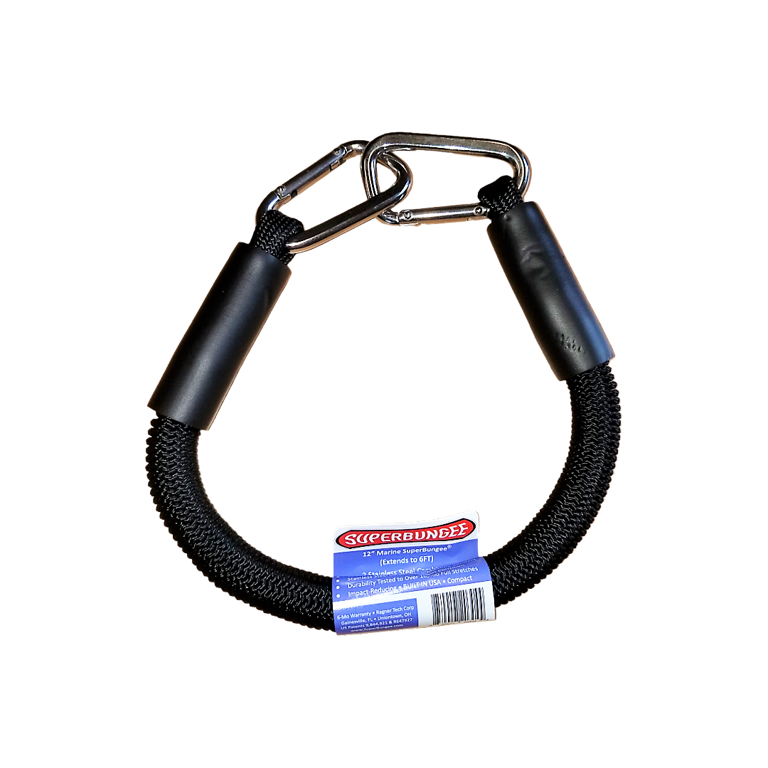 Black marine cord with stainless steel carabiner hooks, durable tie-down strap for automotive and towing accessories under $50 collection