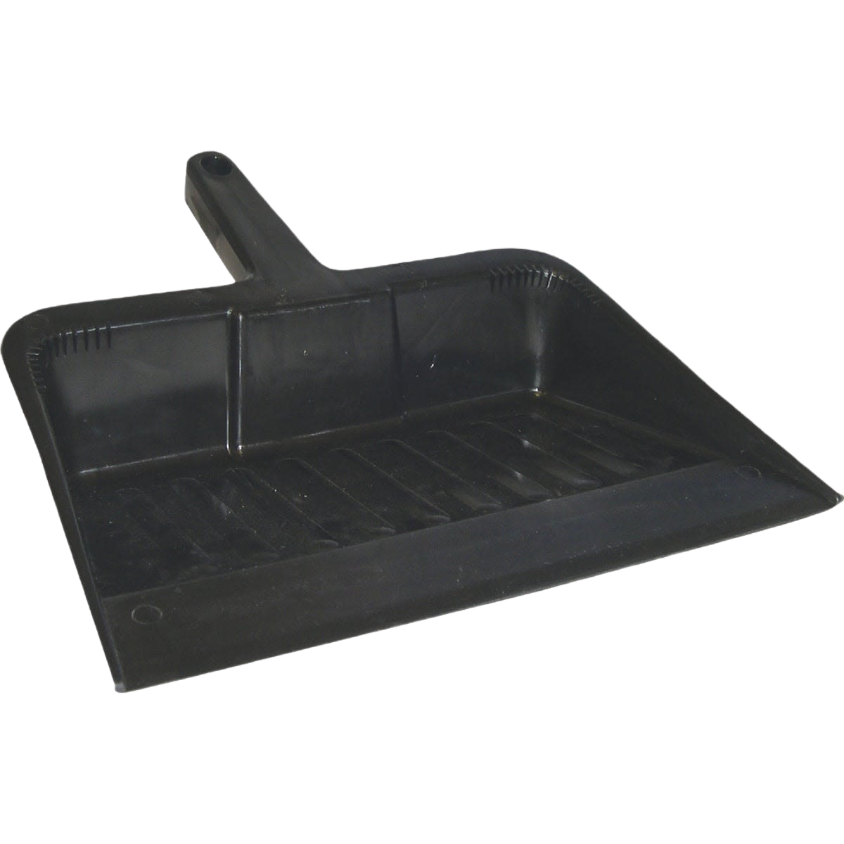 Black plastic dust pan with ergonomic handle and hang-up hole for easy storage in cleaning supplies under $50 collections