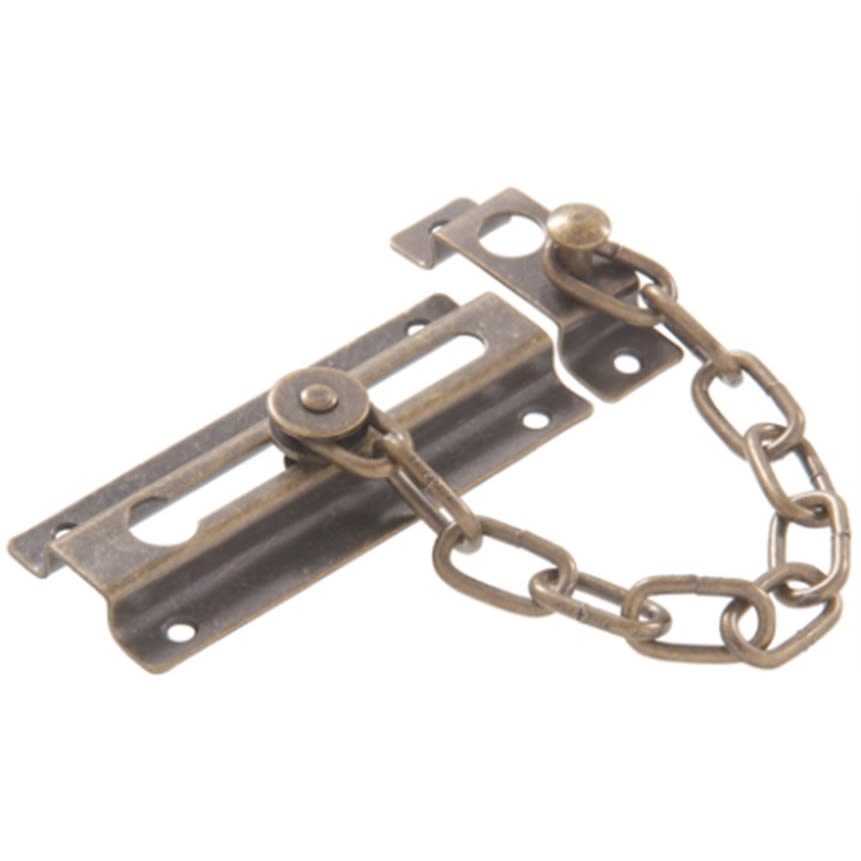 Antique brass door chain with mounting plate and sliding latch for enhanced home security and entry control