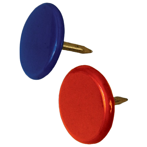 Close-up of blue and red flat-headed thumb tacks with brass pins for tools and home improvement projects