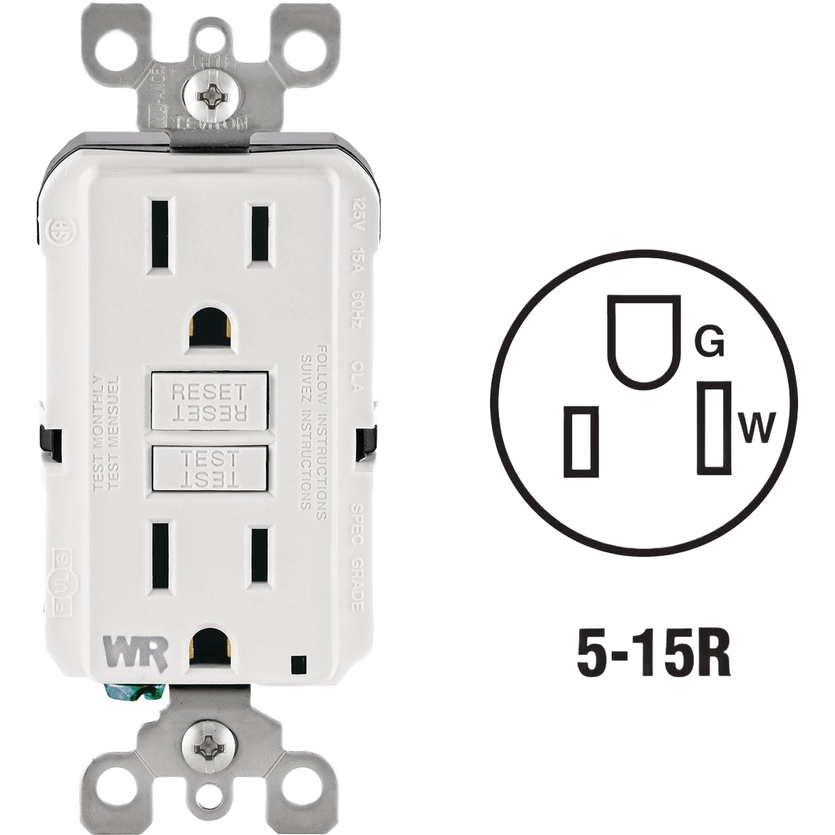 White tamper-resistant GFCI electrical outlet with reset and test buttons for indoor and outdoor home improvement use