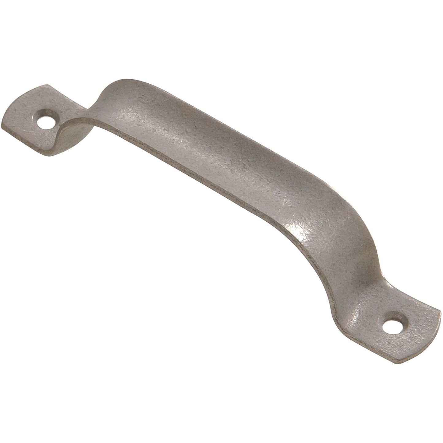 Galvanized metal door pull with two screw holes for easy installation in cabinet and furniture hardware.