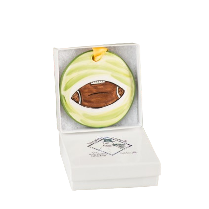 Hand-painted ceramic football ornament with green swirls in gift box for Christmas Ornaments & Tree Decorations collection