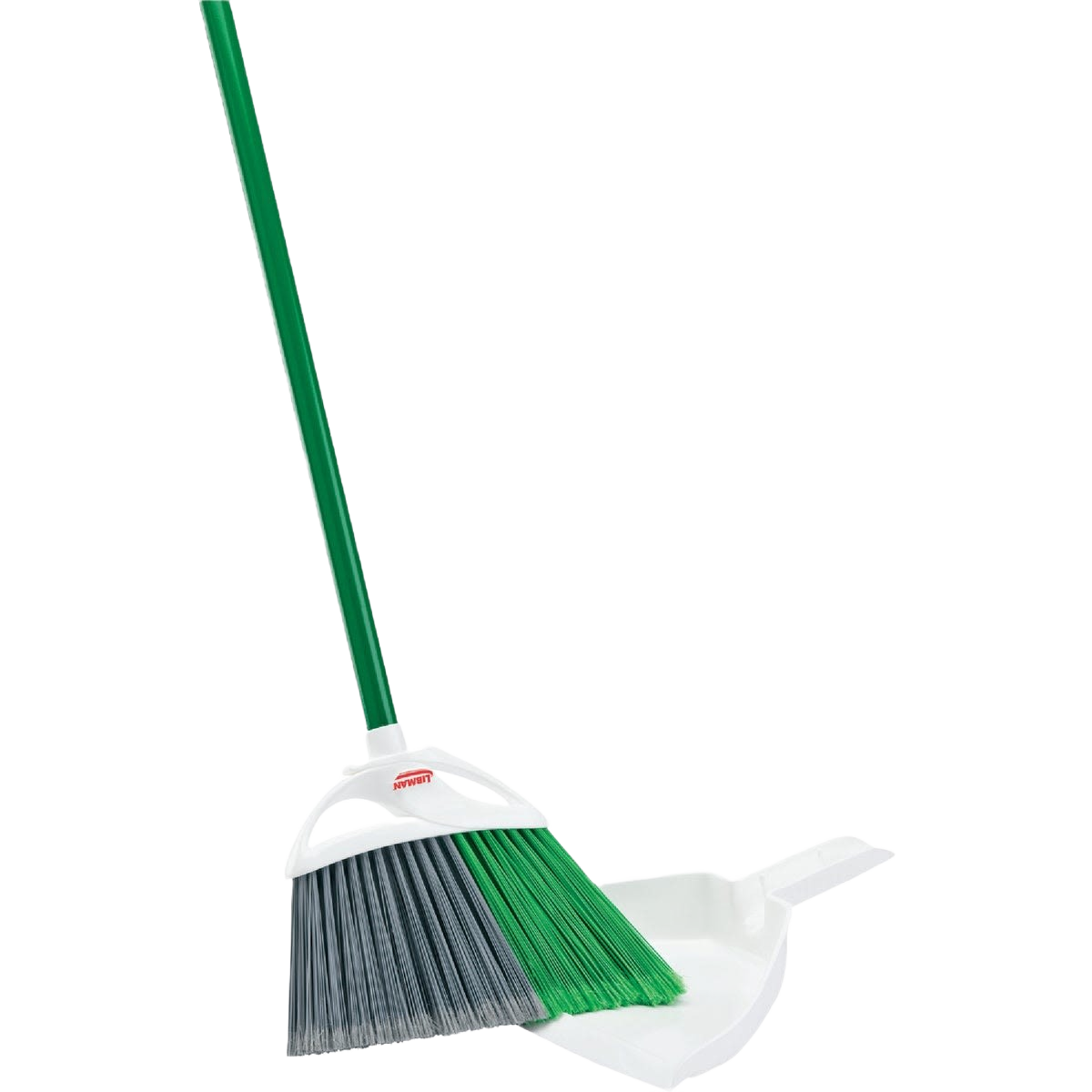 Green steel handle angle broom with dual-tone bristles paired with a white dustpan for home cleaning tasks
