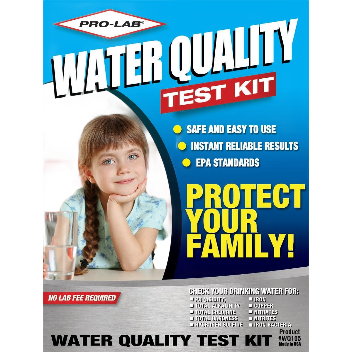 Blue and red water quality test kit box with child and glass of water promoting family protection and safety