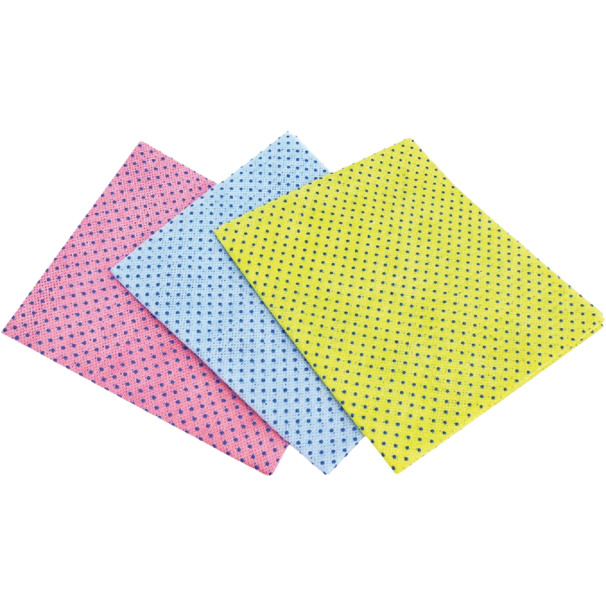 Three textured kitchen and dish wipes in pink, blue, and yellow for cleaning supplies and household use