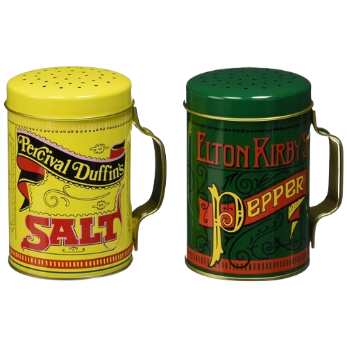 Vintage-style yellow and green metal salt and pepper shakers with handles for kitchenware and cooking use