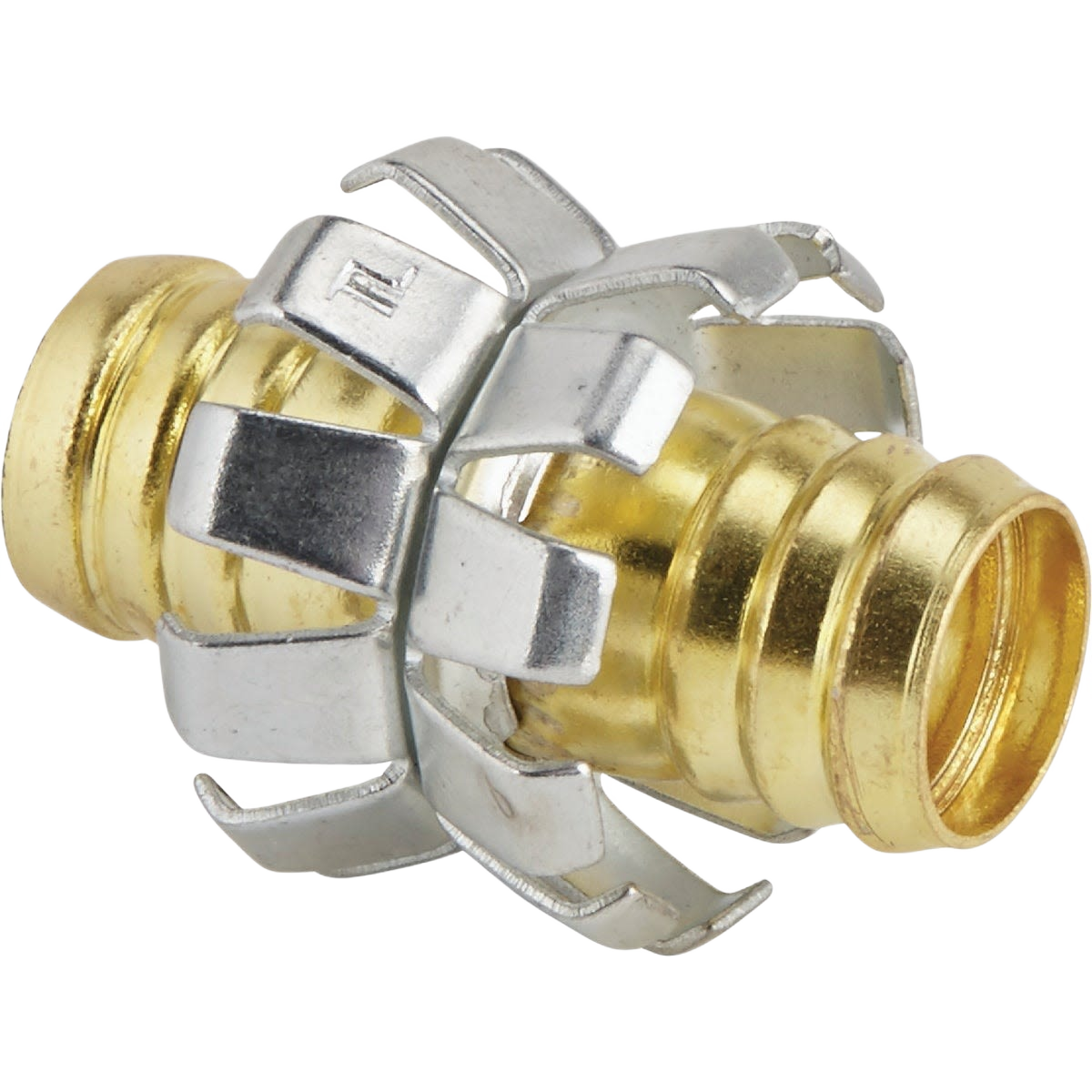 Brass mid-hose connector with silver metal clamp for garden hose repair or home improvement projects