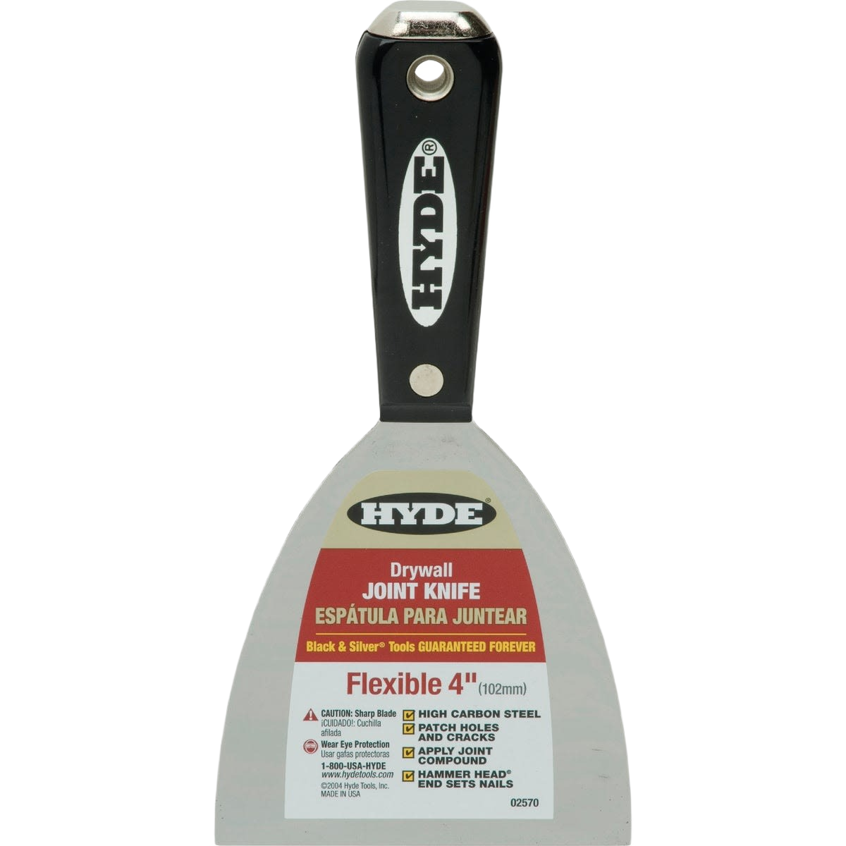 Hyde 4-inch flexible hammer head joint knife with black handle for applying drywall compound in home improvement tasks