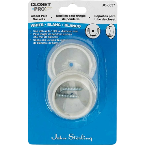 Two white plastic closet rod sockets with mounting screws for closet organization and storage accessories collections