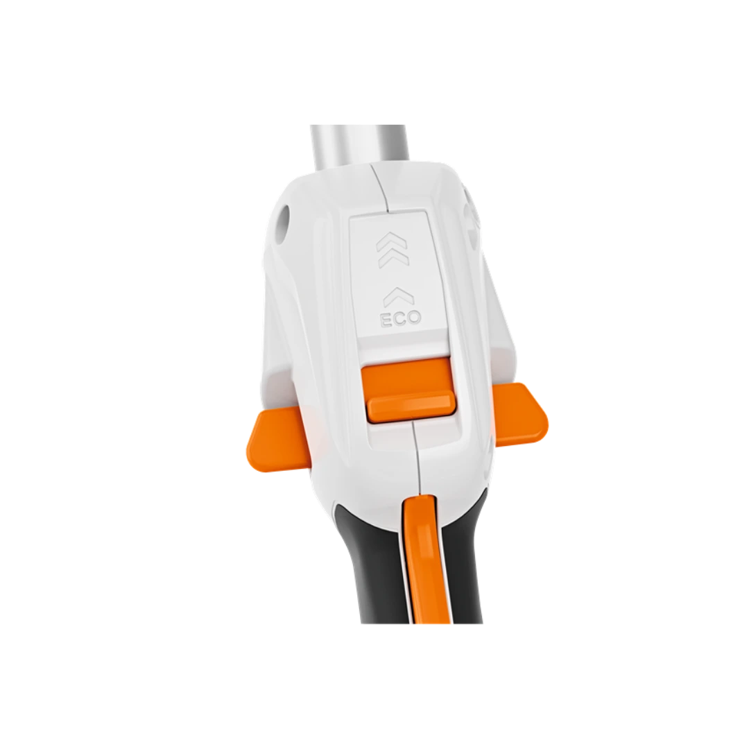 White and orange battery trimmer control with eco mode button for efficient lawn and garden maintenance tasks