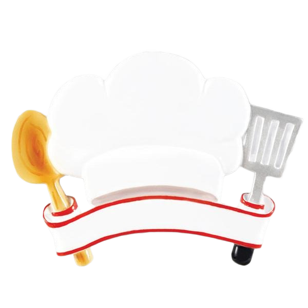 White chef hat ornament with gold spoon and silver spatula and blank banner from Christmas Ornaments & Tree Decorations collection