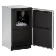 Compact stainless steel clear ice machine with open door showing ice storage, suitable for kitchen and appliance collections