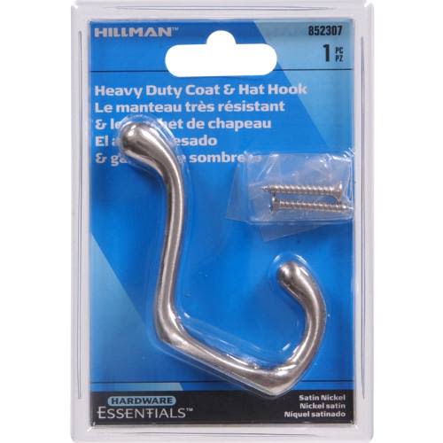 Hillman satin nickel heavy duty coat and hat hook with screws in hardware and storage collection under $50