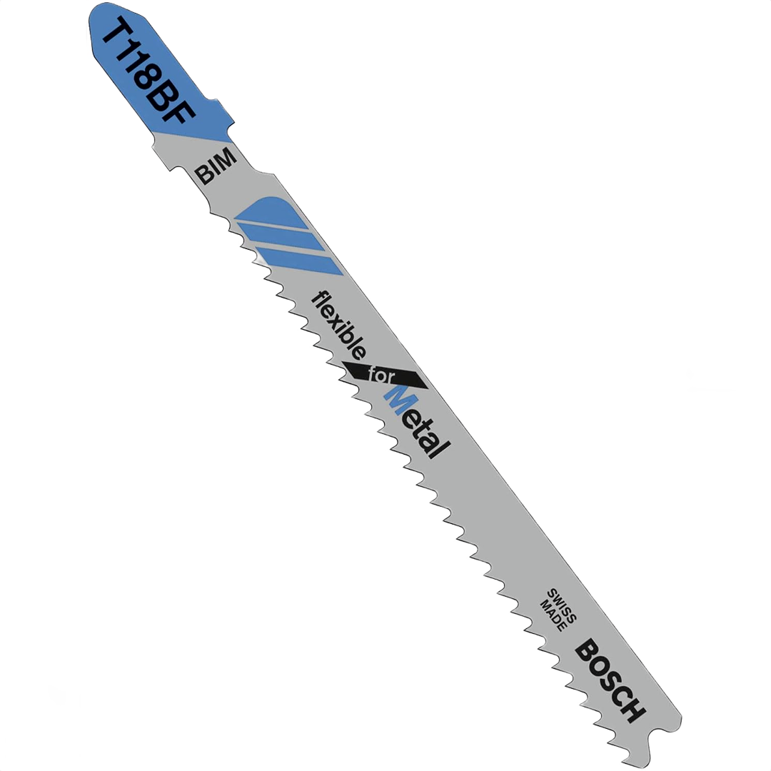 Flexible Bosch T-shank jigsaw blade designed for cutting sheet metal, part of power tool accessories under $50 collection