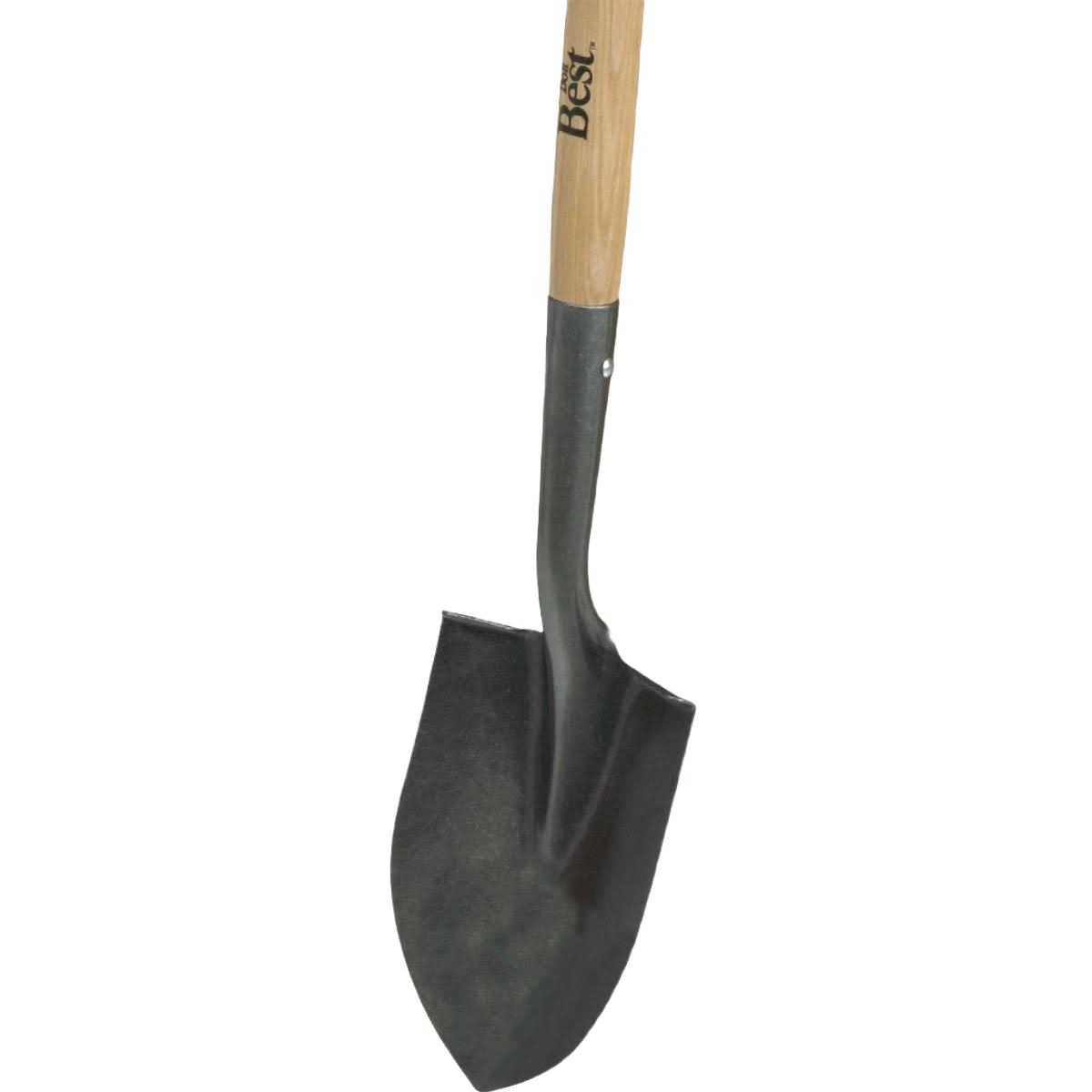 Round point shovel with wooden handle and metal blade for gardening and home improvement tasks